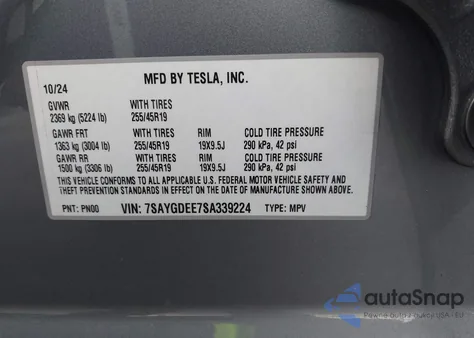 2025 Tesla Model Y Long Range Dual Motor All-Wheel Drive из США, поврежденный, VIN 7SAYGDEE7SA339224